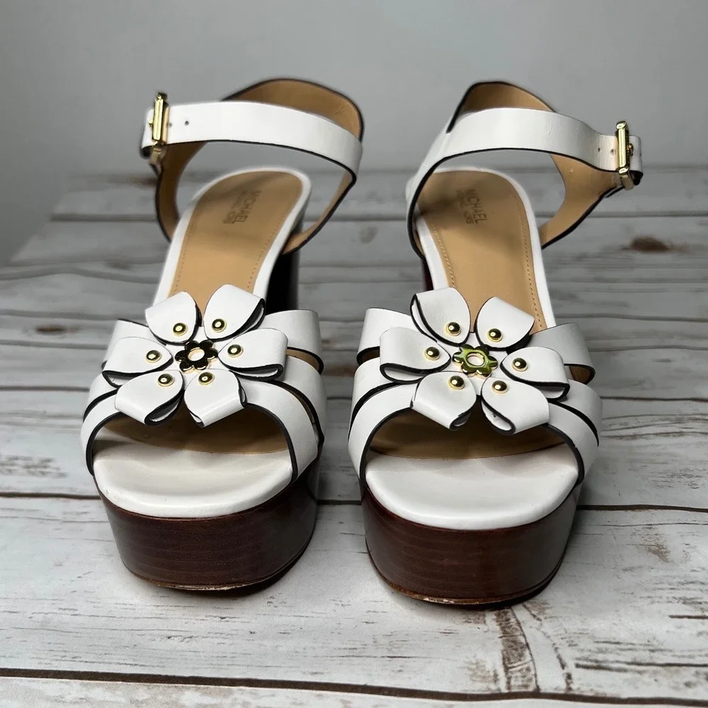 Michael Kors Platform Sandals White Floral Applique Block Heel 7M